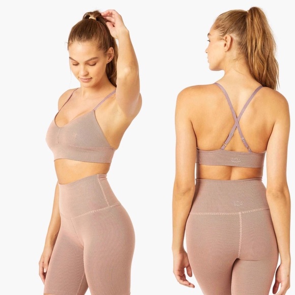NWT Beyond Yoga Ribbed Heather Matching Set Mauve Burgundy Leggings + Sports Bra - Picture 1 of 13